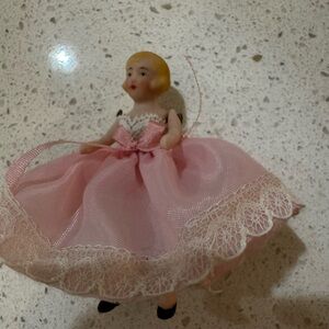 🧸 Vintage 3” Miniature Doll – Pink Dress, Lace Trim, Painted Features